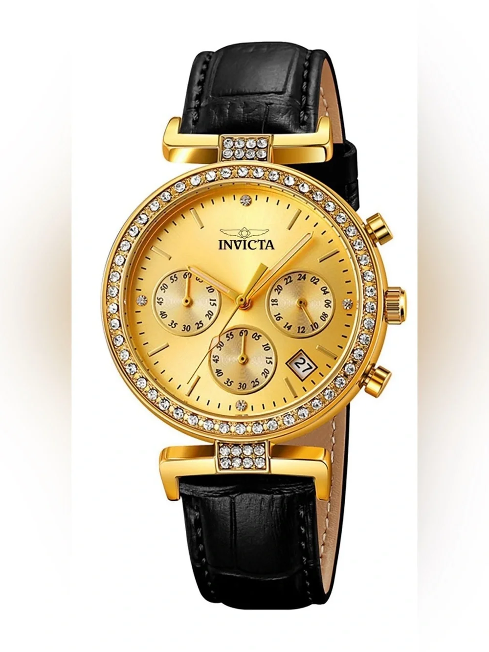 70365 - Invicta Celestial Lady 38mm Gold Tone Case with Black Leather Band